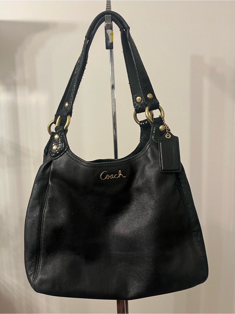 Coach Black Leather Shoulder Bag with Gold Accents
